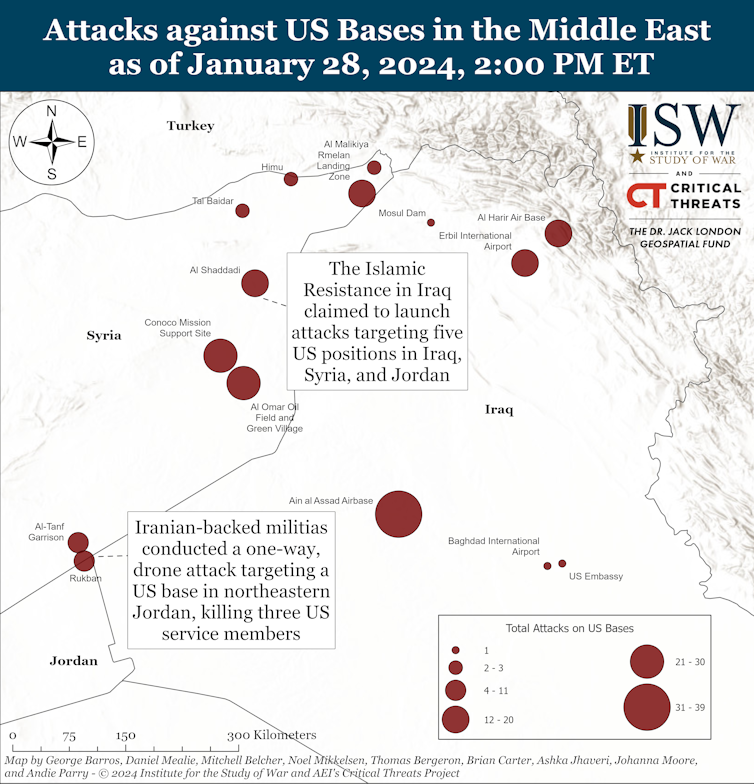 Map showing attack on US bases in the Middle East.